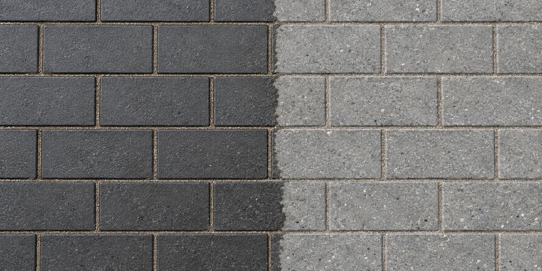 Block paving mid-way through sealing, treated on the left and still untreated on the right
